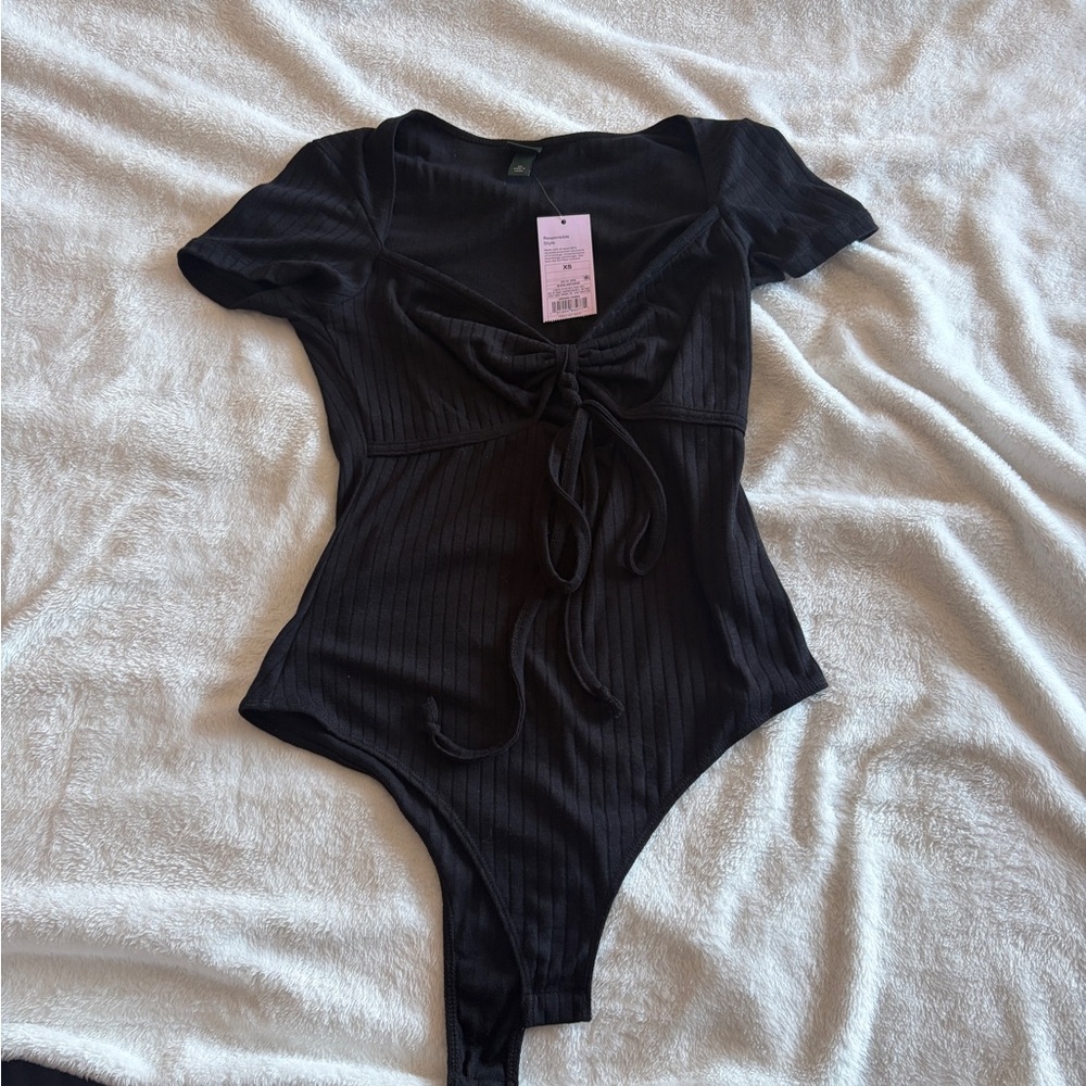 NWT Black Short-Sleeve Ribbed One-Piece Bodysuit with Front Tie